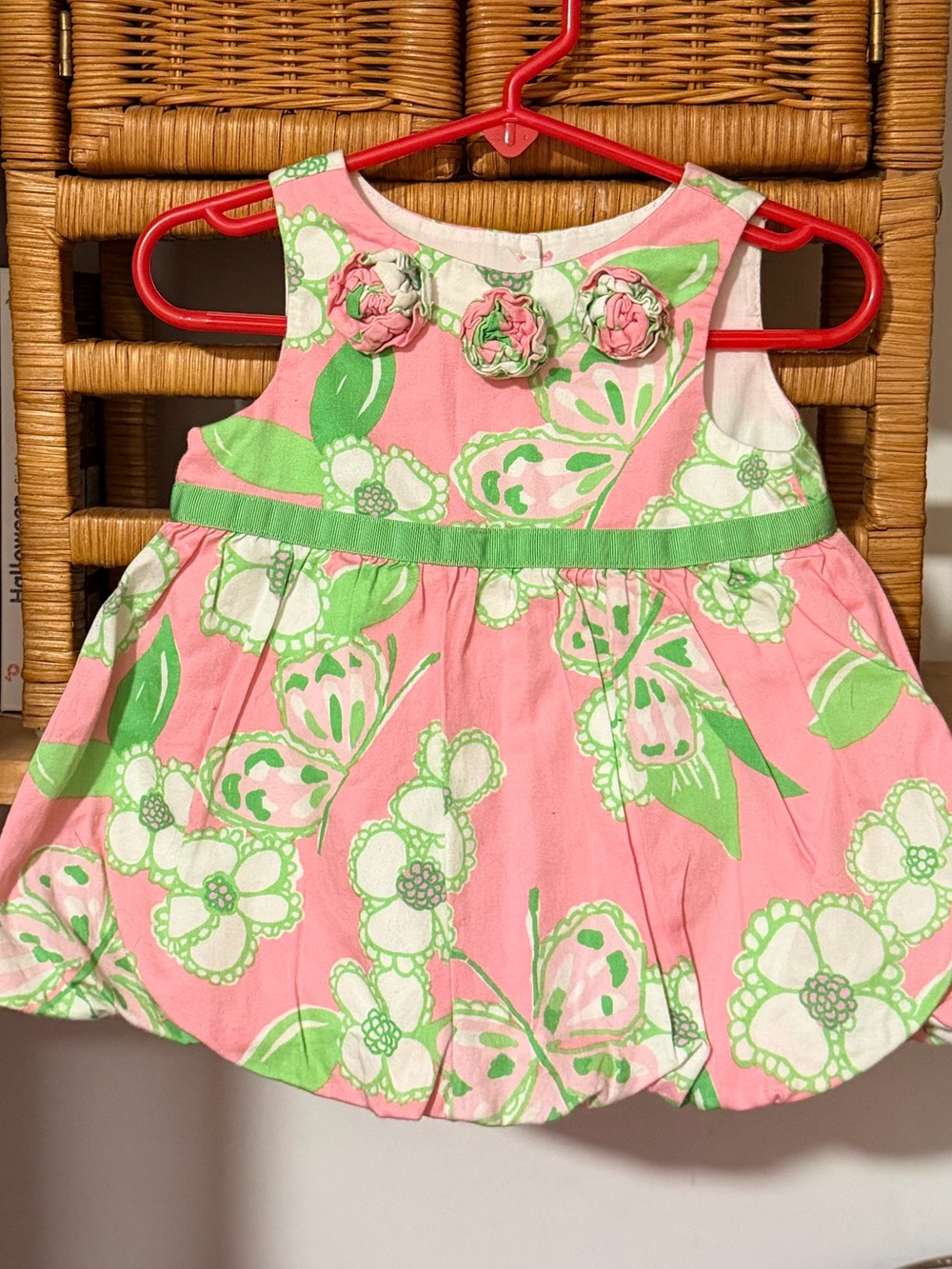 Lilly Pulitzer Pink and Green Rosette Baby Dress. 6-12m